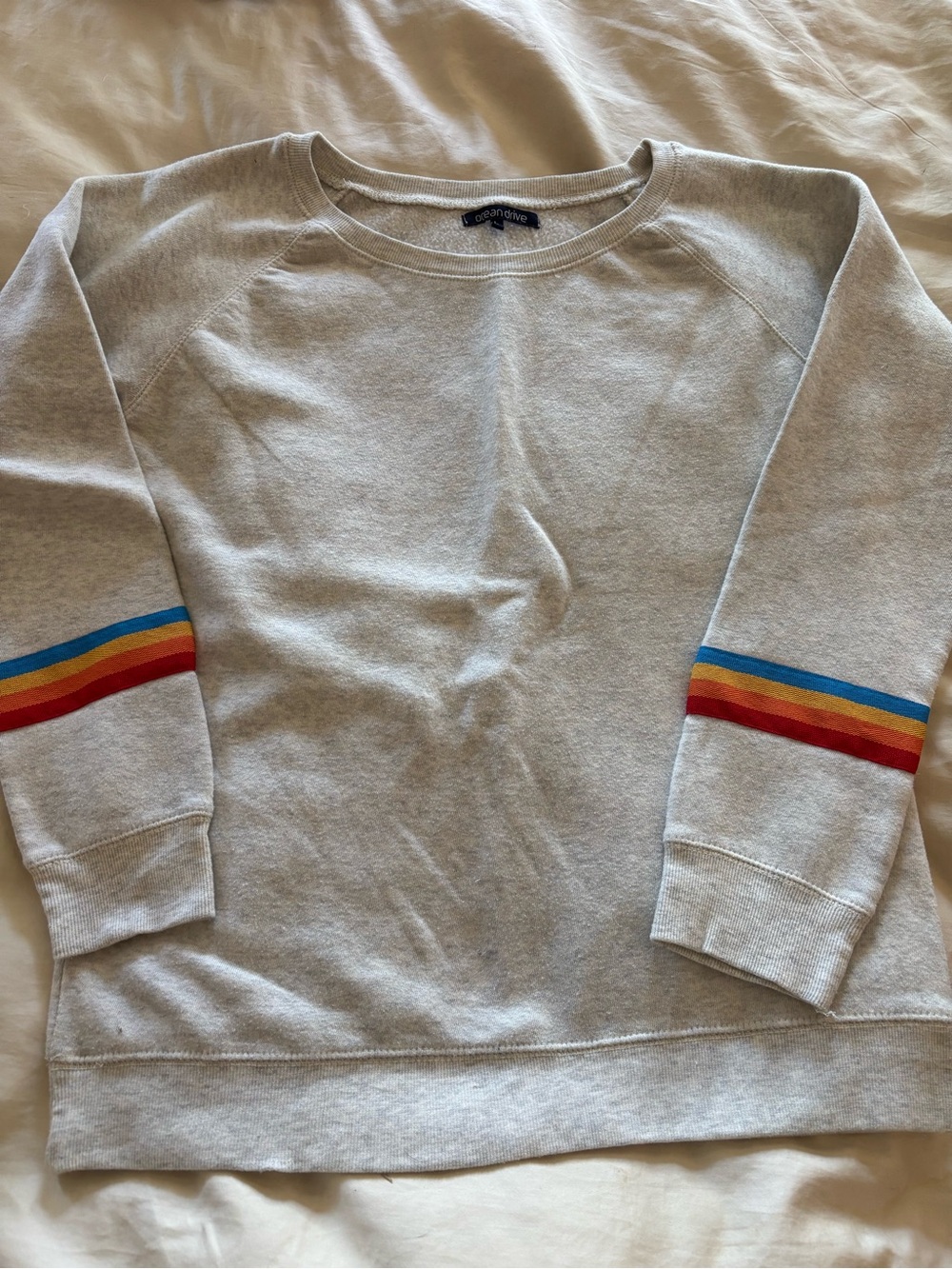 Ocean Drive Light Gray Pullover with Rainbow Sleeve Stripes